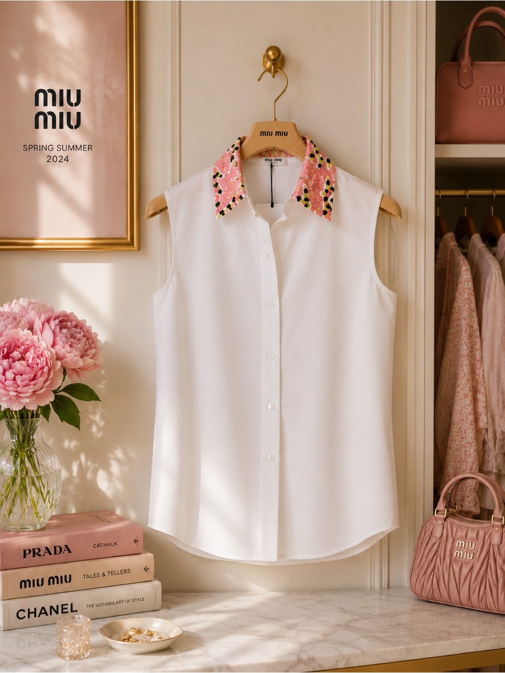 Miu Miu White Poplin Sleeveless Shirt Sequin Embellished Pattern Collar